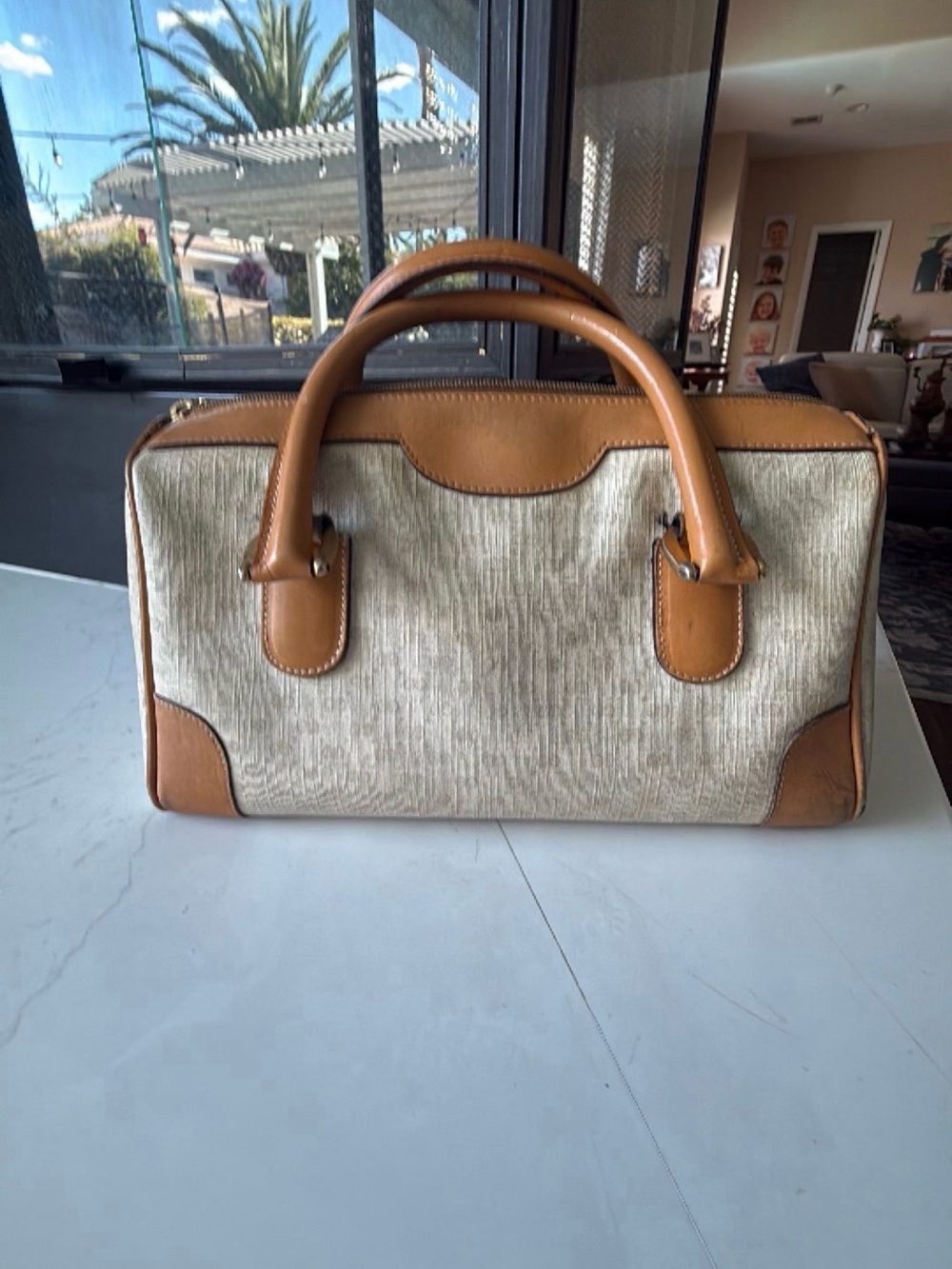 Vintage Gucci Beige Canvas and Tan Leather bowling bag